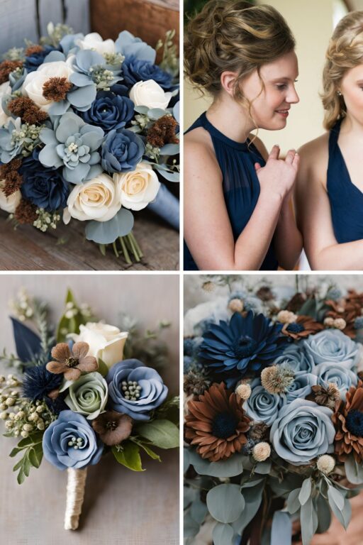 A photo collage of dusty blue, navy blue, and brown wedding ideas.