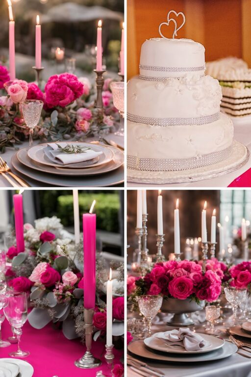 A photo collage of hot pink and ash grey wedding color ideas.