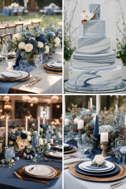 A photo collage of dusty blue, navy blue, and brown wedding ideas.