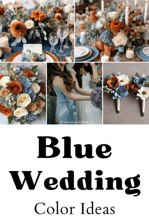 A photo collage of dusty blue and burnt orange wedding color ideas.