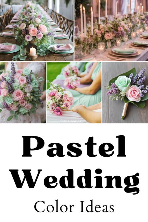 A photo collage of pastel wedding colors.