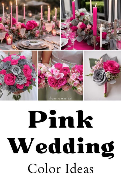 A photo collage of hot pink wedding color ideas.