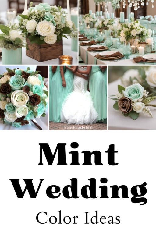 A photo collage of mint green wedding color ideas.