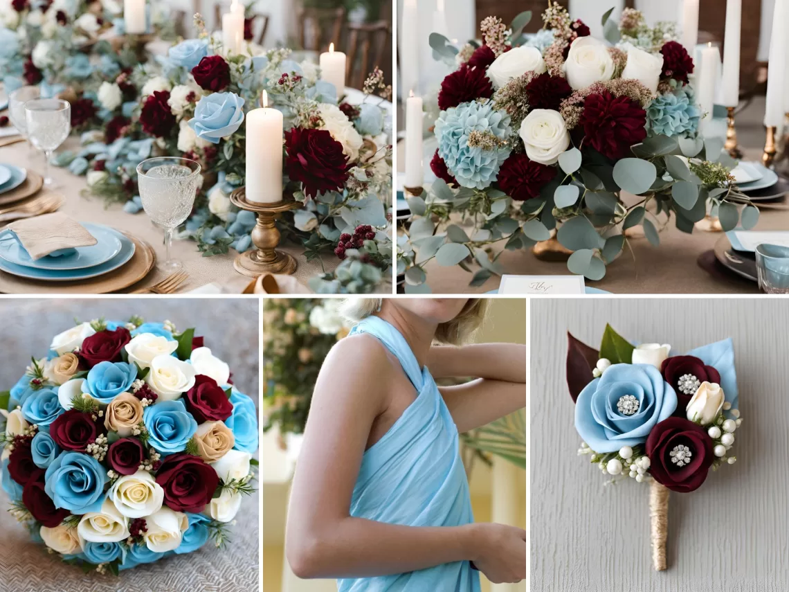 A photo collage of baby blue, burgundy, tan, and white wedding color ideas.