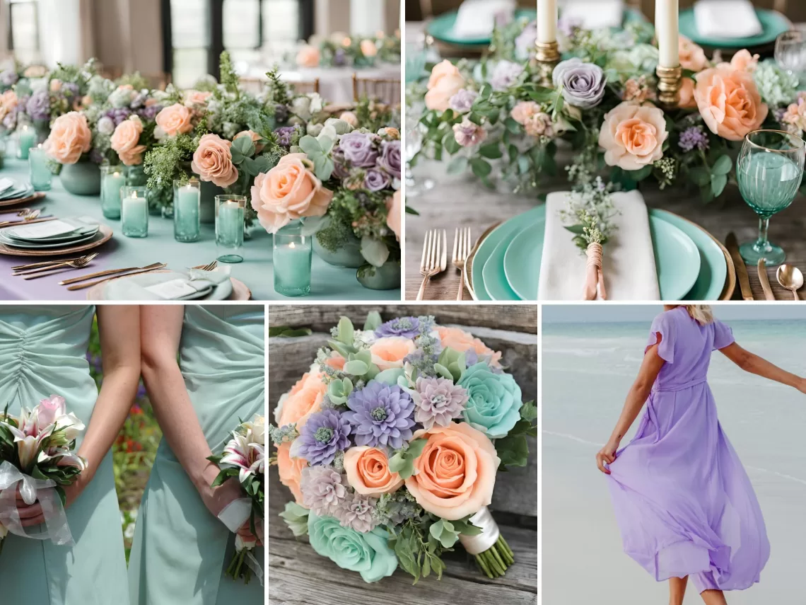 A photo collage of purple, mint green, and peach wedding color ideas.