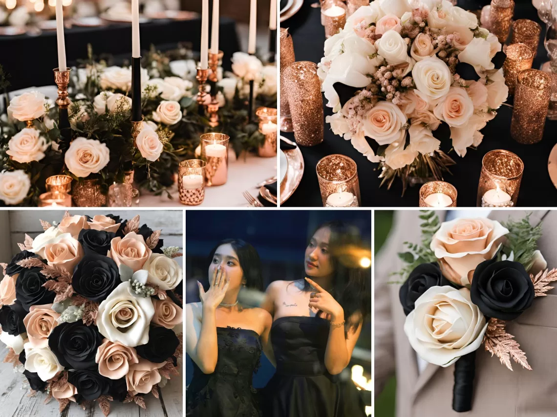 A photo collage of rose gold, black, and cream wedding color ideas.