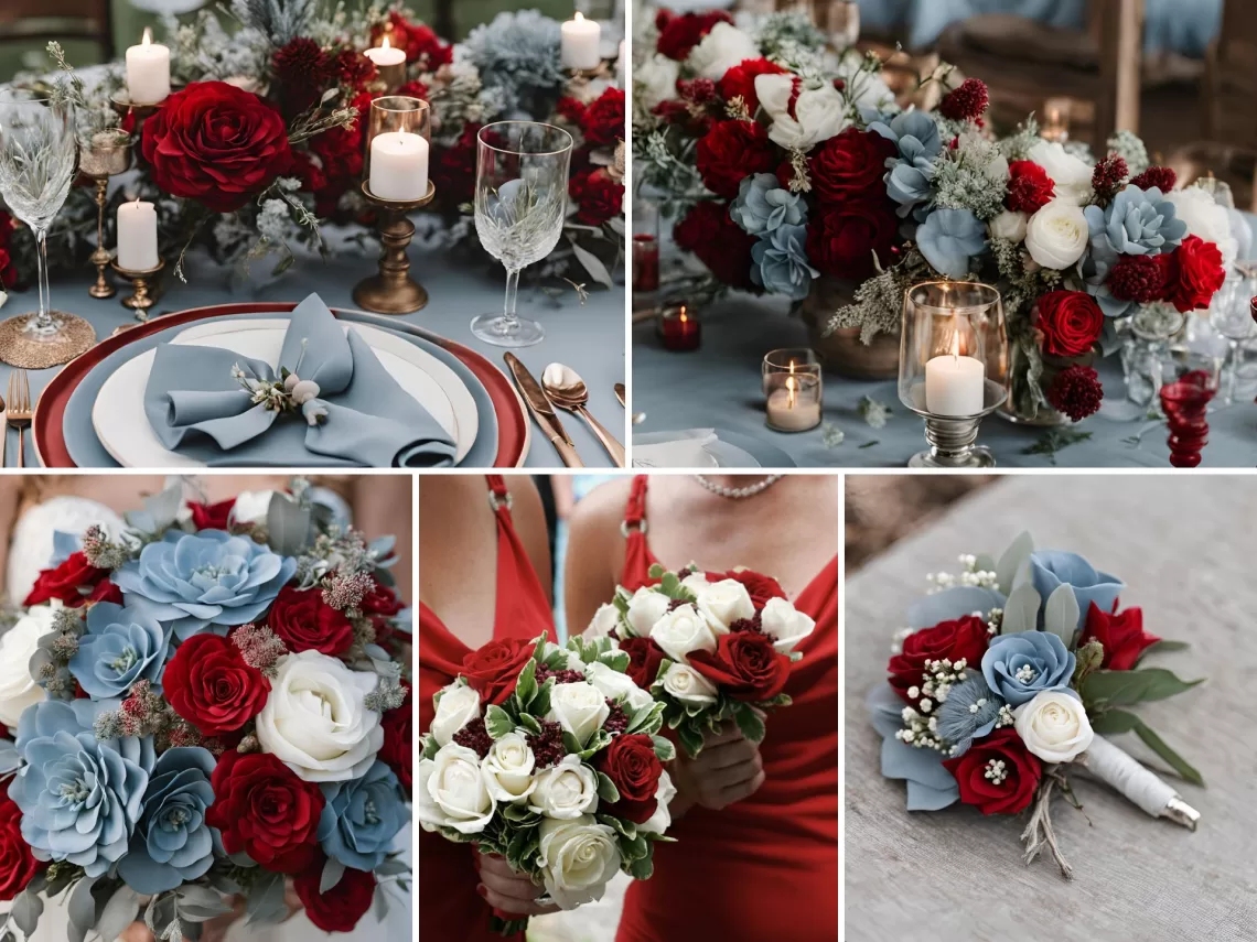 A photo collage of red, dusty blue, and grey wedding color ideas.