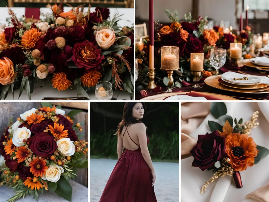 A photo collage of burnt orange, burgundy, and gold wedding color ideas.