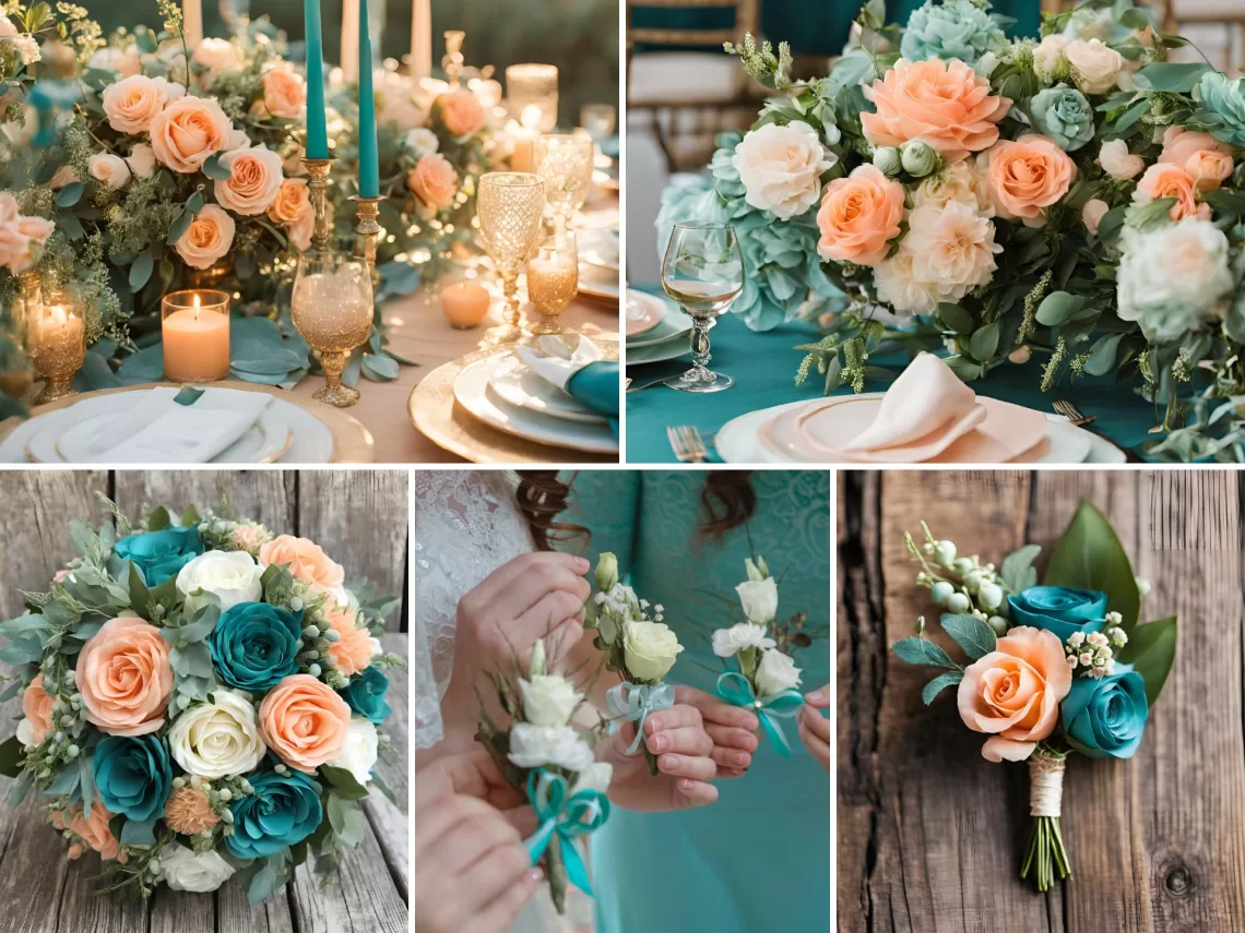 A photo collage of teal green and peach wedding color ideas.