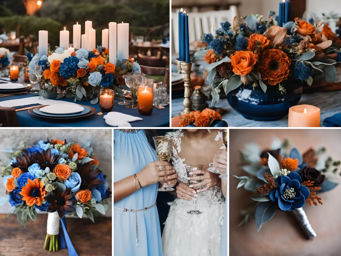 A photo collage of dark blue, light blue, burnt orange, and brown wedding color ideas.