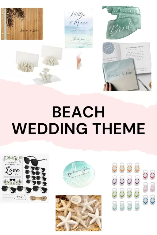 Image of 7 beach themed wedding stationary and favor ideas.