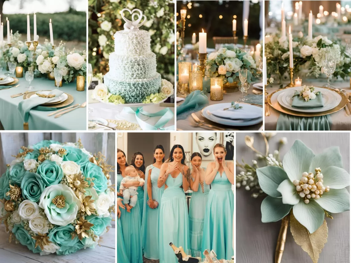 A photo collage of seafoam green wedding color ideas.