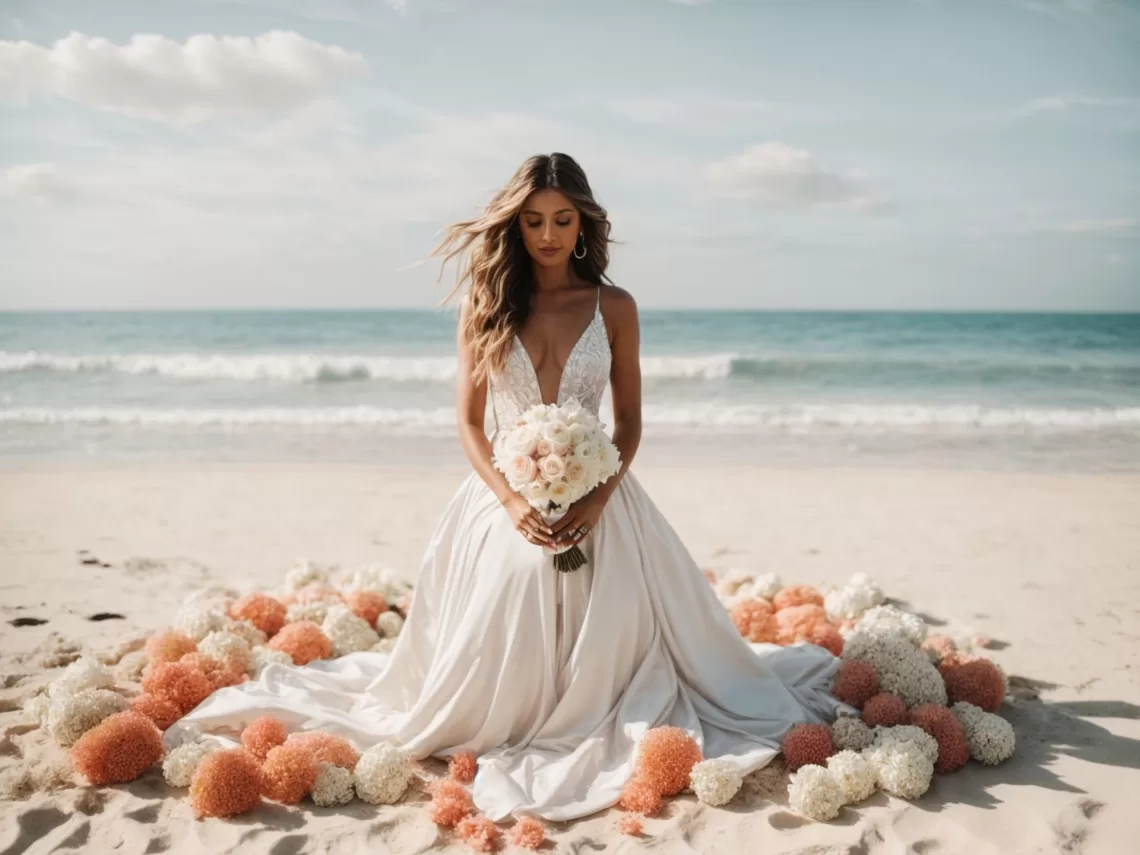 A bride sitting on the beach wearing her wedding dress.