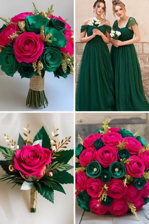 A photo collage of hot pink, emerald green, and gold wedding color ideas.
