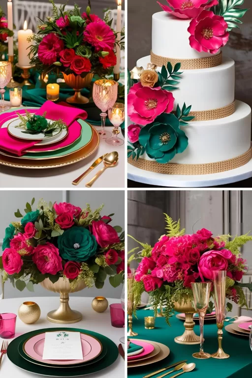 A photo collage of hot pink, emerald green, and gold wedding color ideas.