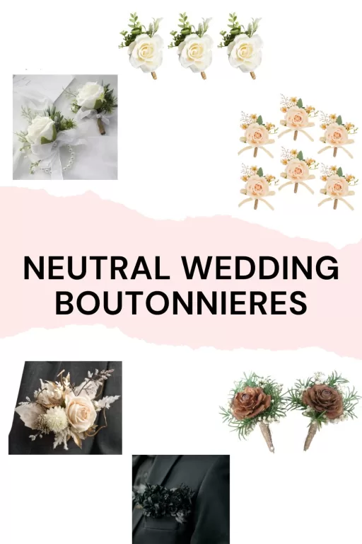 Image of 6 different neutral colored wedding boutonnieres.