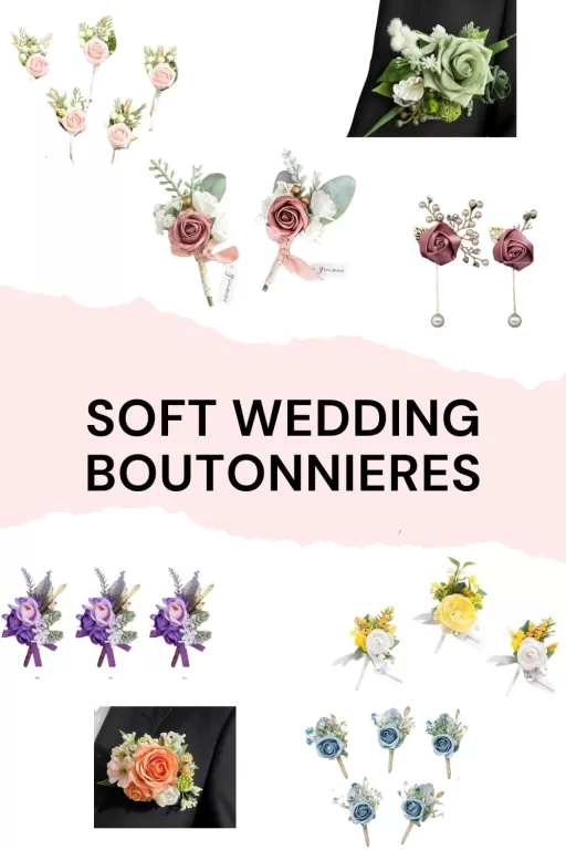 Image of 8 different pastel colored wedding boutonnieres.