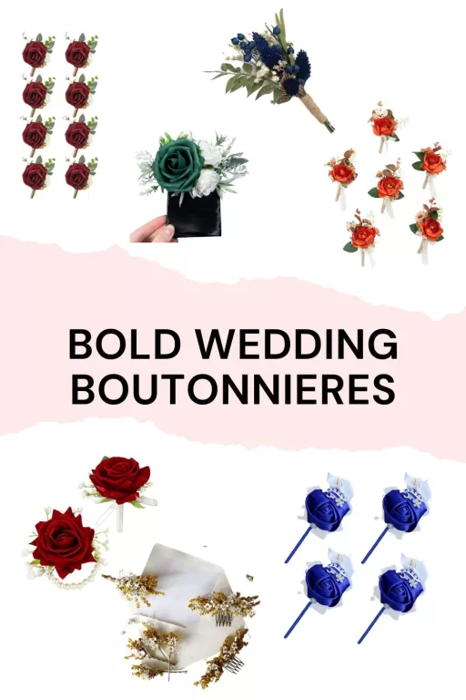 Image of 7 different bold colored wedding boutonnieres ideas.