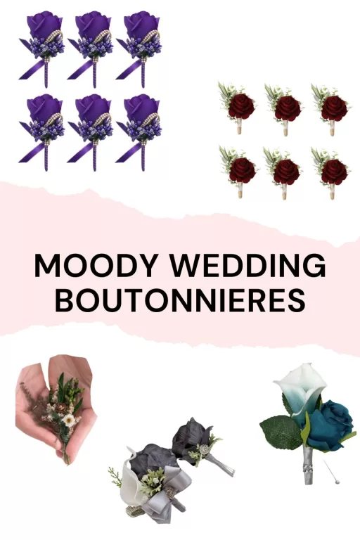 Image of 5 different moody colored wedding boutonnieres.