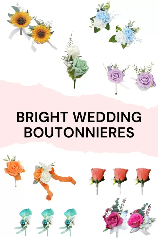 Image of 8 different bright colored wedding boutonnieres.