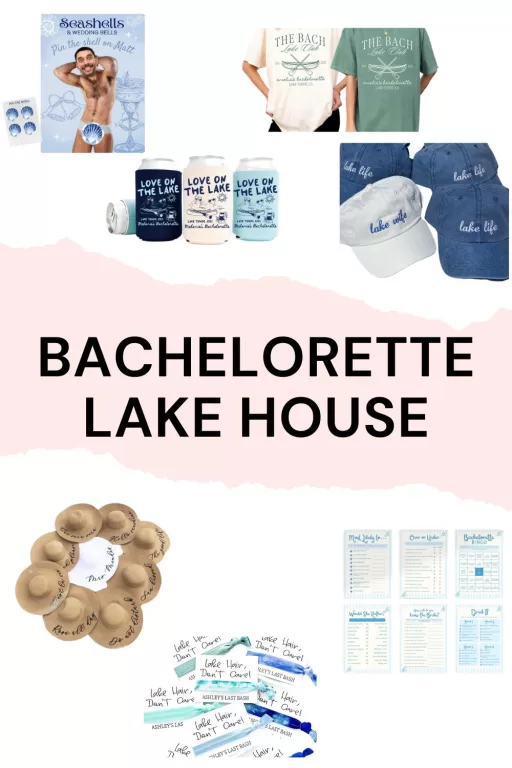 Image of 7 different bachelorette lake house themed party games and favor ideas.