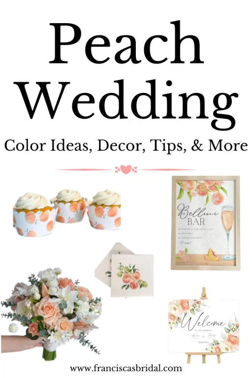 Image of 5 different peach themed wedding decor items.