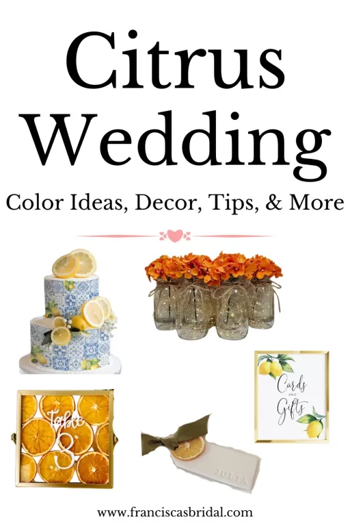 Image of 5 different citrus themed wedding decor items.