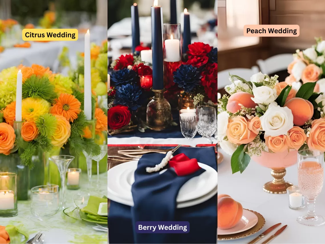 A collage of 3 different fruit themed wedding ideas.
