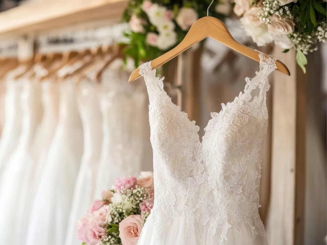 A rack of white wedding dresses.