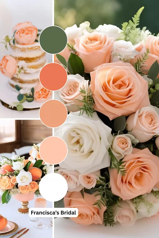 A photo collage of peach and white wedding color ideas.