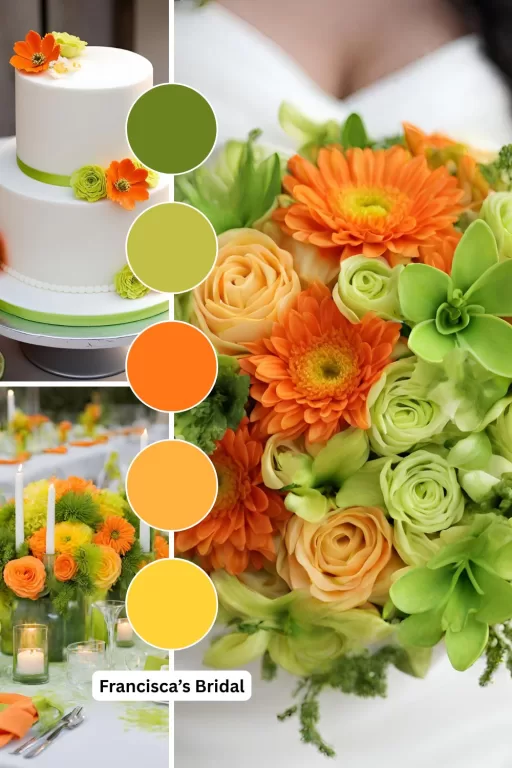 A photo collage of citrus wedding color ideas.