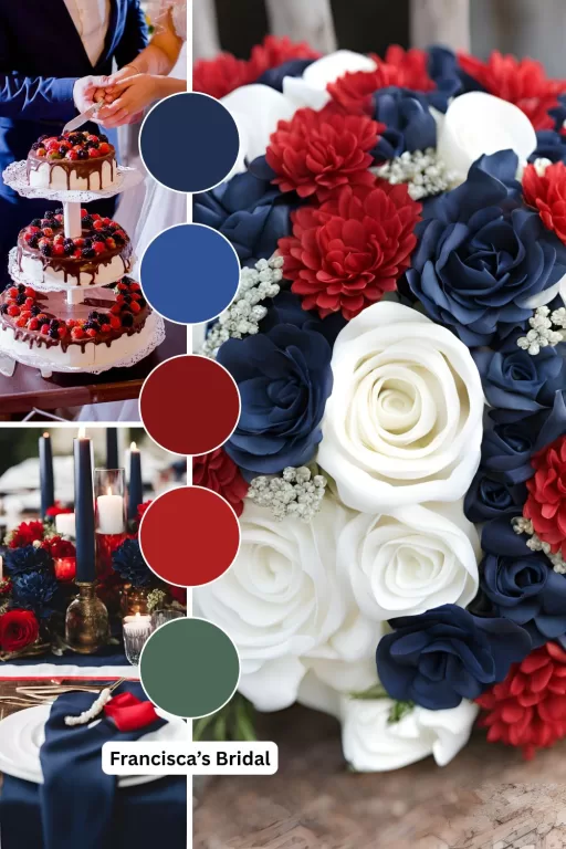 A photo collage of red, blue, and white wedding color ideas.